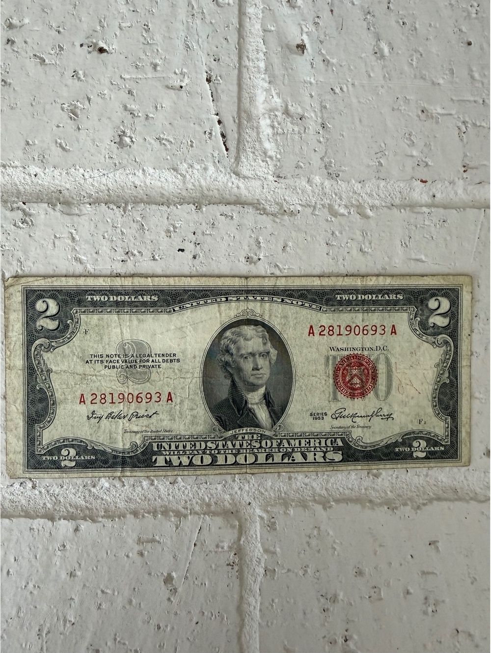 Vintage 1928 Series $2 United States Legal Tender Red Seal Note with Thomas Jeff
